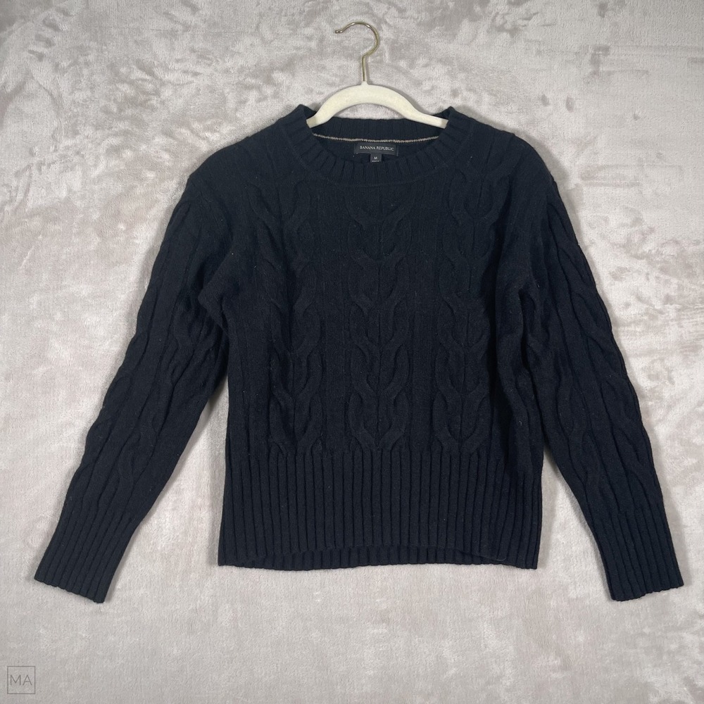 Banana Republic Women's Sweater Cable Knit Merino Wool Crewneck M Black